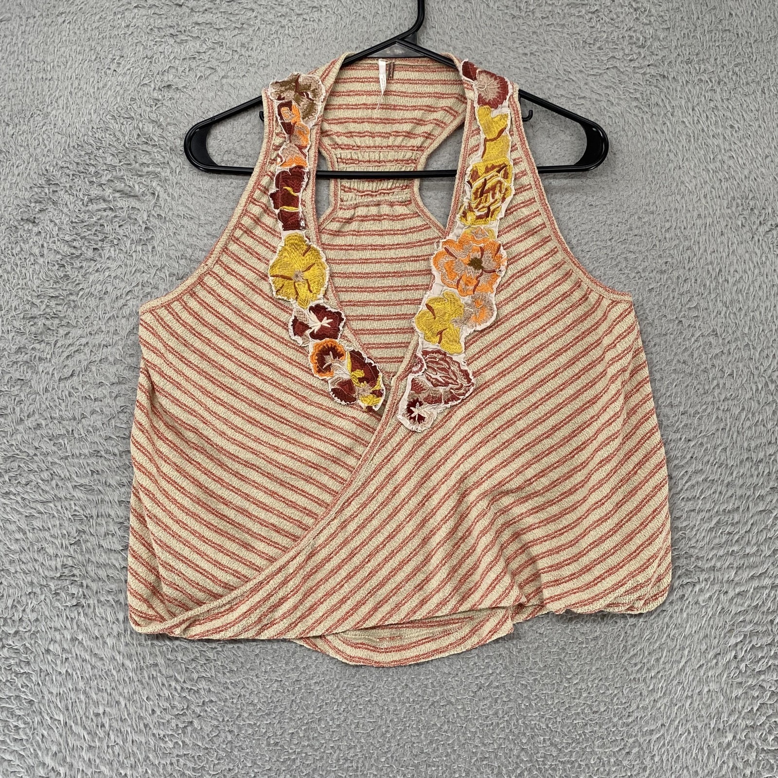 Free People Tank Womens Small Striped Embroidered Applique Beachy Boho Knit